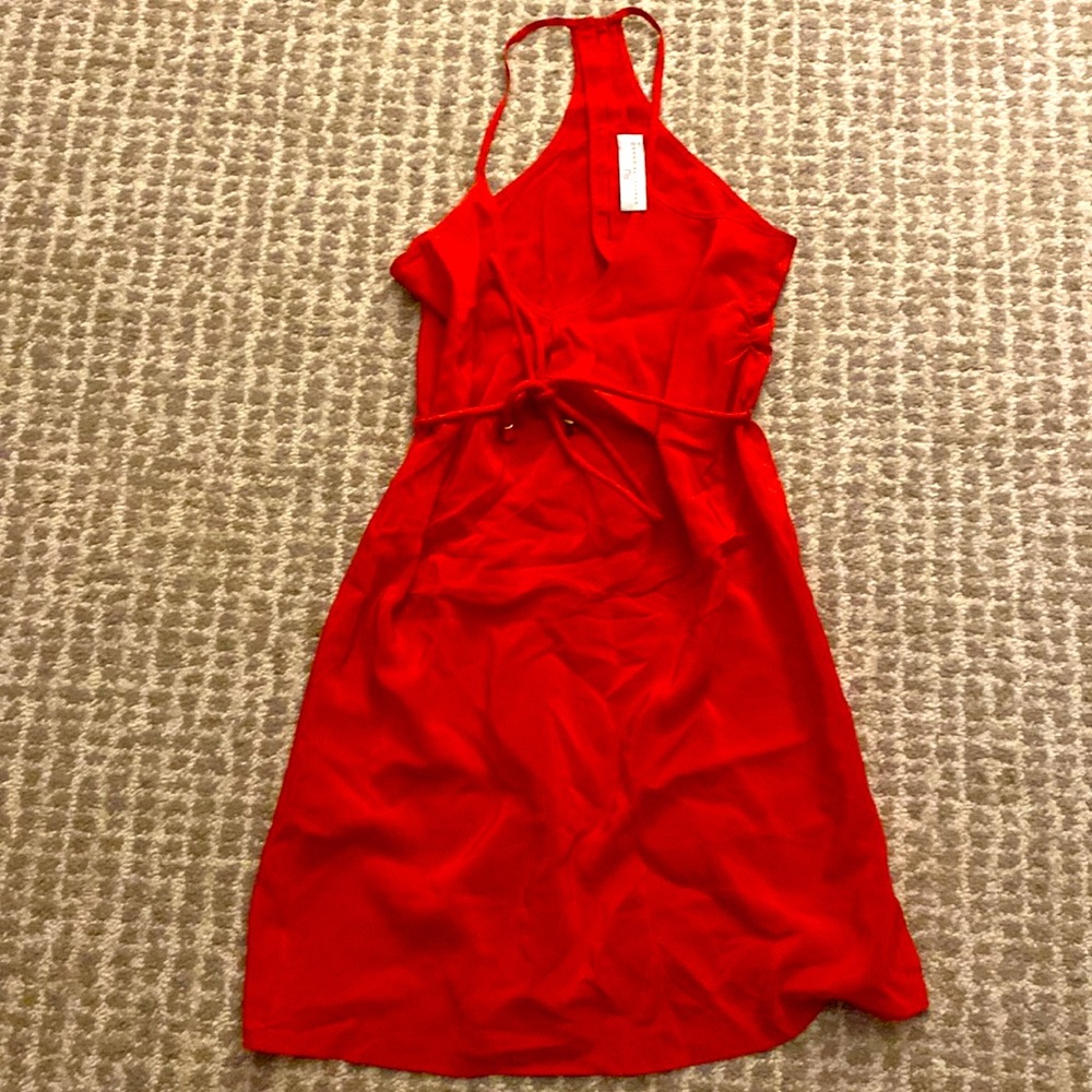 Amanda Uprichard red v-neck racerback dress with gold buttons and adorned belt